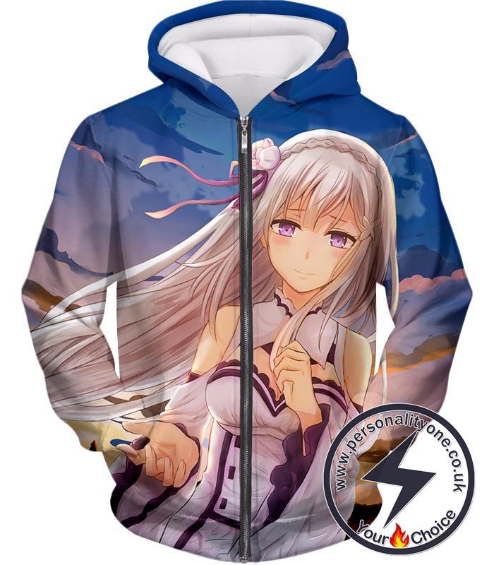 Re:Zero Lovely Silver Haired Anime Girl Emilia Cute Action Zip Up Hoodie